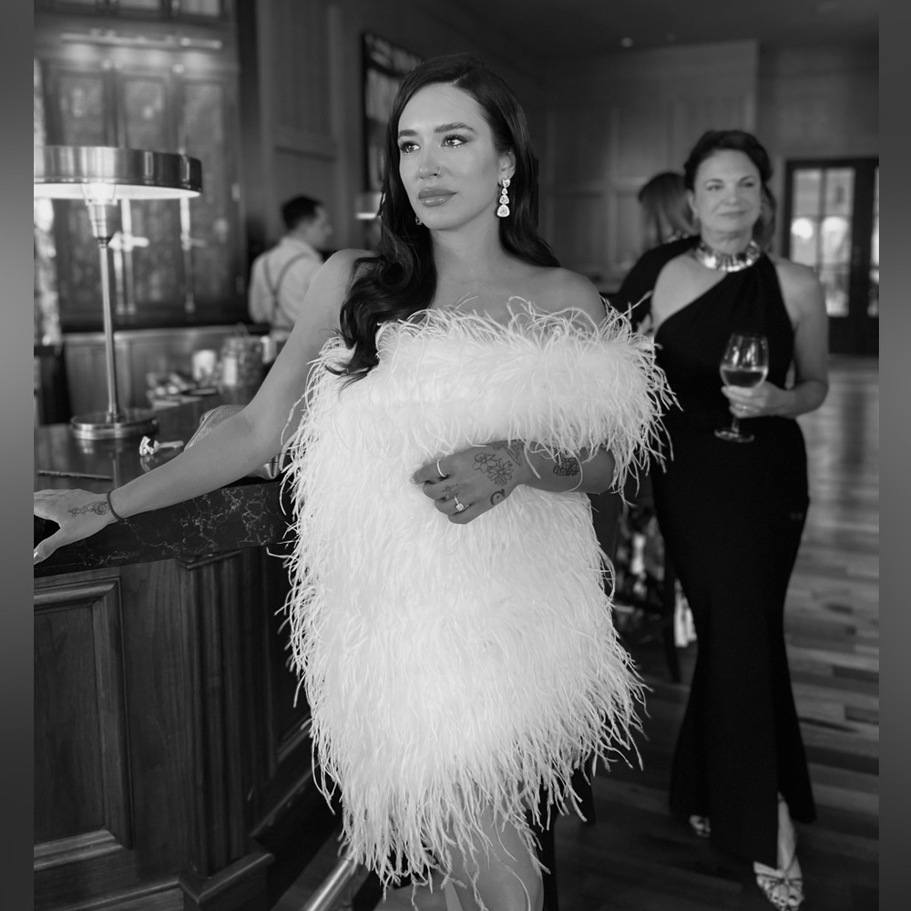 Feather one shoulder/off the shoulder mini dress in white